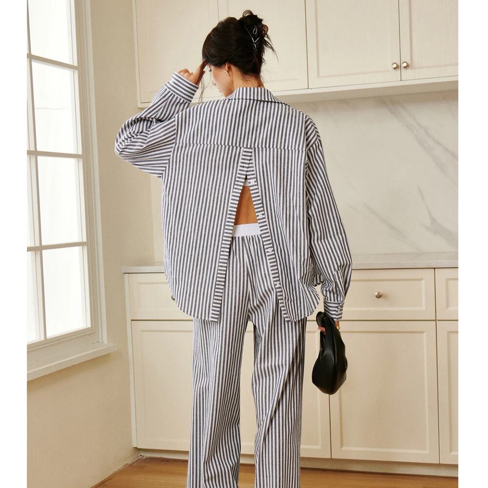 Commense Blue and White Striped Button-Back Blouse